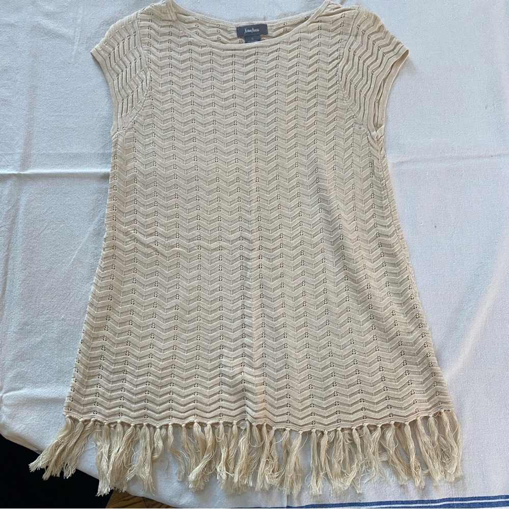 Neiman Marcus Boho Cottagecore Cream Colored Chevron Knit Top with Tassels